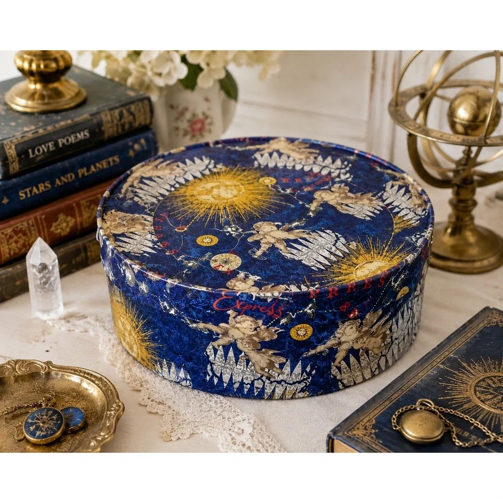 Vintage 90s Celestial Round Hat‎ Box Cherub Zodiac Sun Moon Decorative Storage